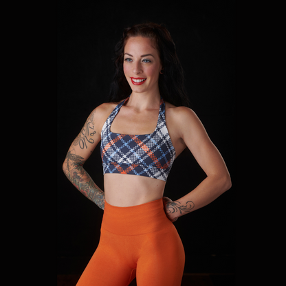 "Allure" Sports Bra (Navy/ Orange Plaid)