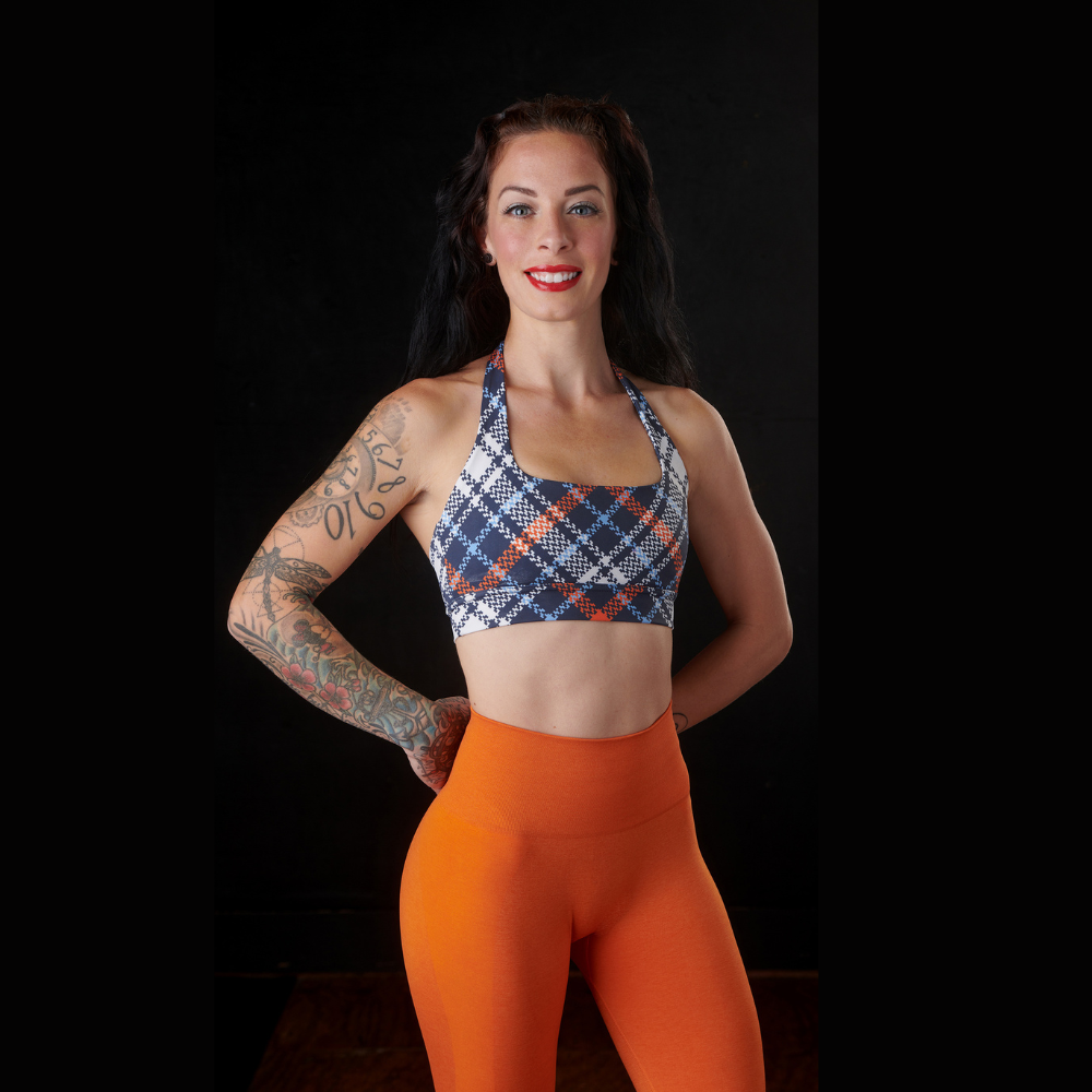 "Allure" Sports Bra (Navy/ Orange Plaid)