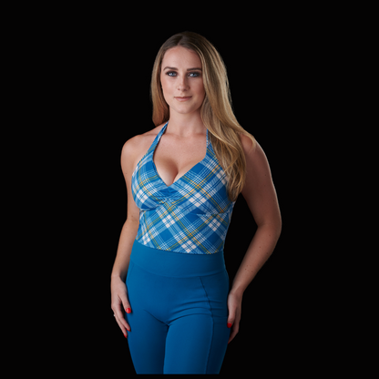 The "Marilyn" Sports Bra (Blue/Yellow Plaid)